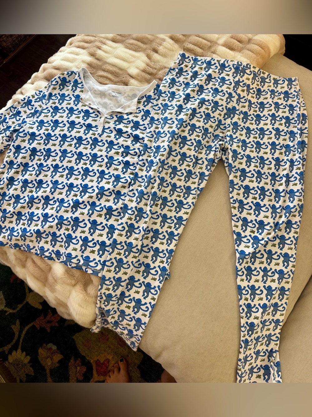 Roller Rabbit Monkey Pajamas - Blue & White Pima Cotton Long Sleeve Set